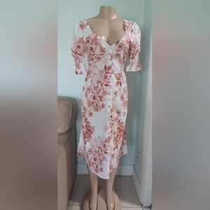 Cotton Floral Button From Midi Dress Puff Ruched Sleeve Cottagecore